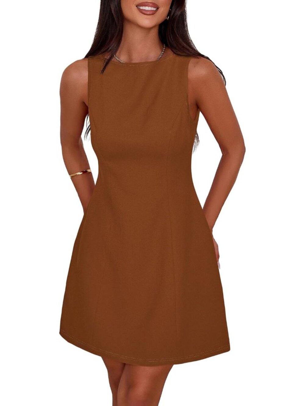 〽️Women's Red Brown Sleeveless Boat Neck Back Closed A-line Short Mini Dresses